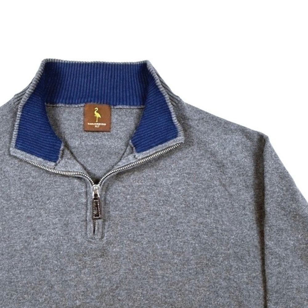 Tailorbyrd Mens XLT Gray 100% Cotton Quarter Zip Pullover Sweater Navy Trim